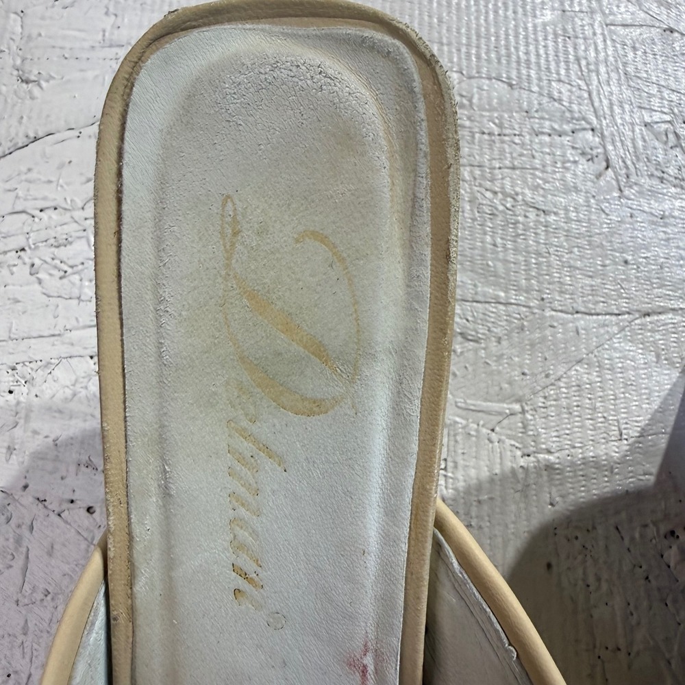 Vintage Delman Leather Mule Heels 6.5M Beige Black Square Toe Bow READ - Picture 5 of 10